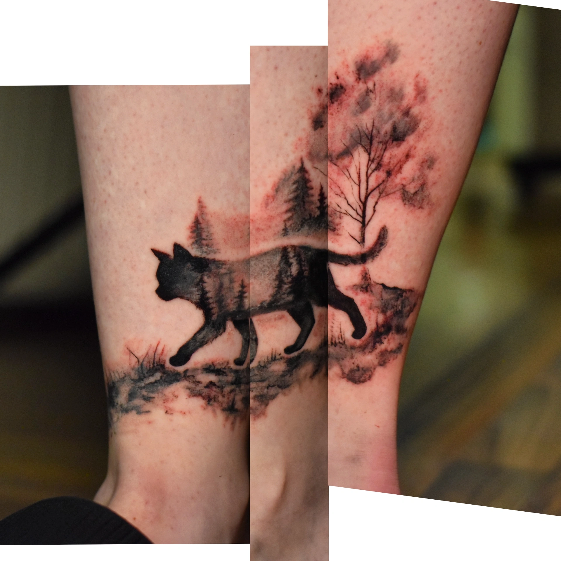 Watercolor-Tattoo eines Luchses mit Bäumen am Unterschenkel
